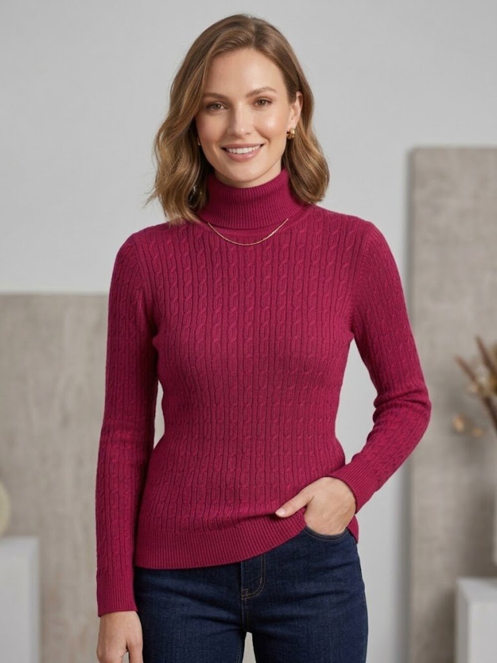 Talbots 100% Pima Cotton Cable-Knit Turtleneck Sweater in Deep Pink